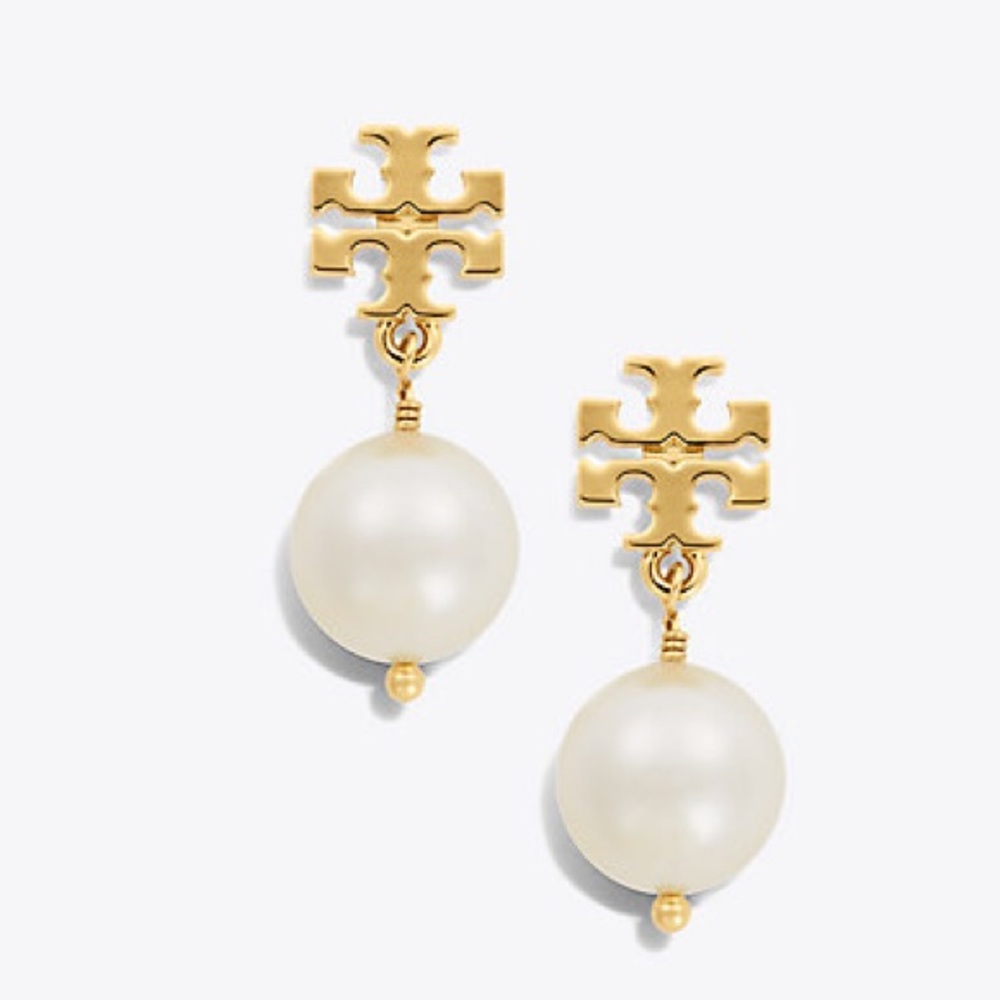 Tory Burch Crystal Pearl Logo Drop Earrings $65